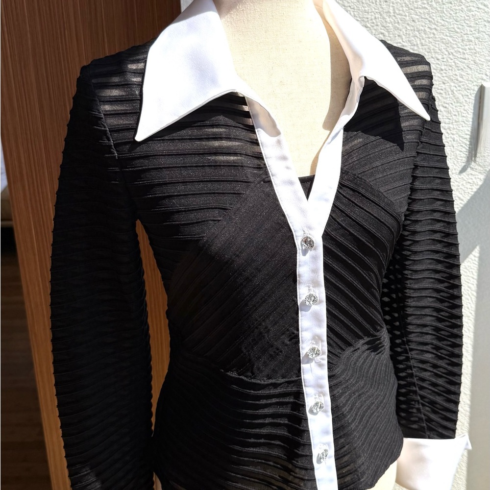 JS Collections Black and White Sheer Blouse with Cami Size 4 Satin Trim
